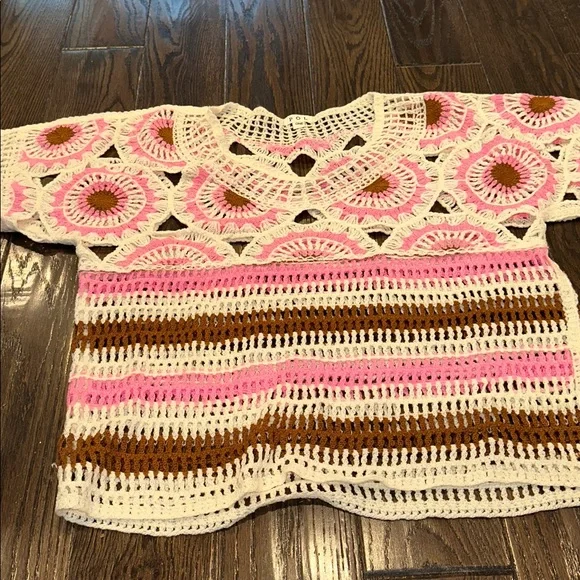 POL boho weave pattern Crochet knit Pink and Brown Top one size - Picture 7 of 10